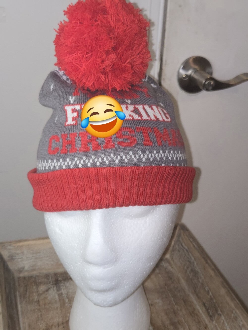 Spencer's Merry F**king Christmas Beanie Hat Ugly Holiday Knit Pom Pom Grey Red